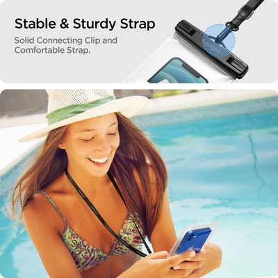 Spigen universeel waterdicht hoesje (transparant) - 2-pack, biedt bescherming tegen water en vuil voor je telefoon tijdens outdooravonturen en actieve bezigheden.