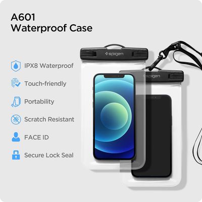 Spigen universeel waterdicht hoesje (transparant) - 2-pack, ideaal voor het beschermen van je telefoon tegen water en vuil tijdens avontuurlijke buitenactiviteiten.